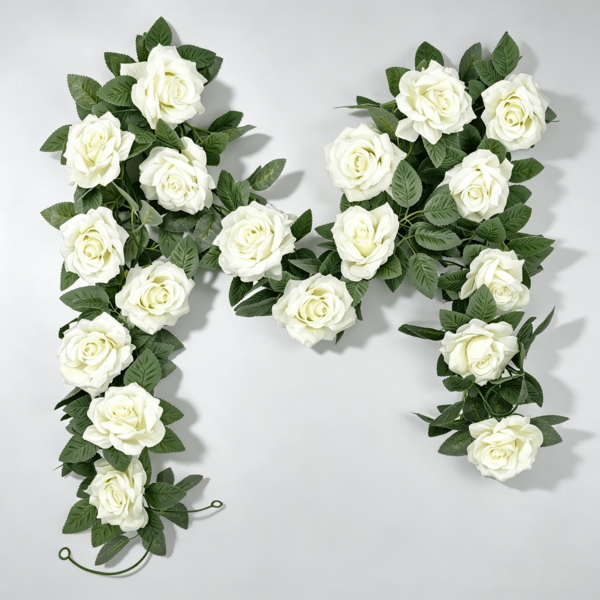 Due ghirlande di fiori bianchi, ciascuna lunga 2 m. Composte da rose artificiali, sono ideali per composizioni sospese, decorazioni per tavoli nuziali, pareti floreali per feste e abbinamenti decorativi per biciclette.