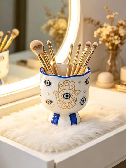 1pc Ins Style Blue Eye Ceramic Storage Holder, Makeup Brush Holder, Eyebrow Pencil, Eyeliner, Lipstick Organizer, Desktop Decor Ornament, Holiday Gift For Family And Friends