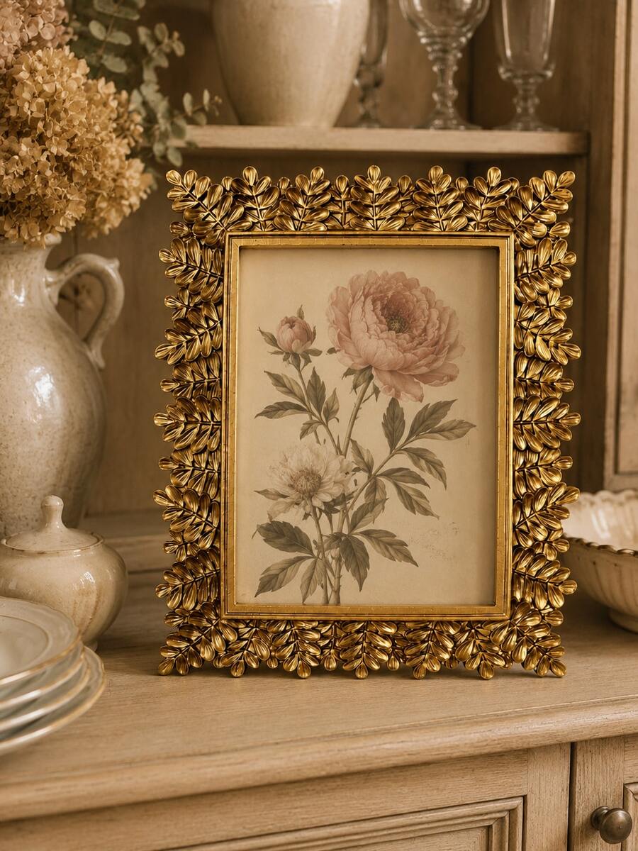 Vintage Gold Leaf Picture Frame, Single Ornate Botanical Photo Frame With Raised Branch And Foliage Border, Elegant Tabletop Display For Wedding, Family And Portrait Photos - New - View 1