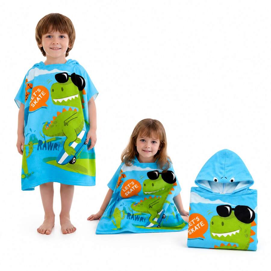 nerd hunters Kids Hooded Poncho Towel - Skateboarding Dinosaur - 彩色 - 查看 1