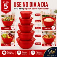 Kit Bowl 5 Peças com Tampa Bacia Plástica até 10 Litros Saladeira Grande Tigelas Multiuso para Cozinha Potes para Armazenar Alimentos Preparar Receitas Servir Saladas Frutas Massas Organizador de Cozinha Resistente Prático Empilhável Diversas Cores e tamanhos Excelente Qualidade Uso Diário Casa - Vermelho - Visão 3