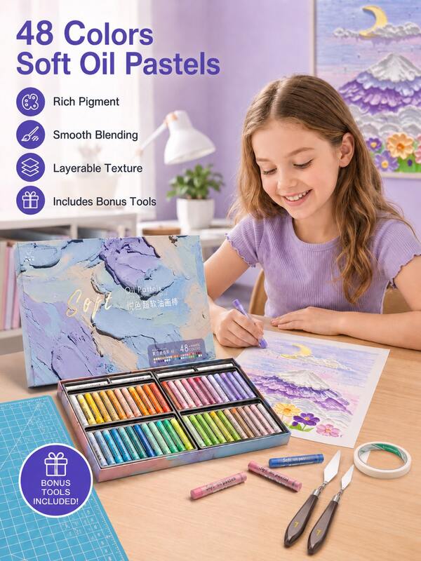 48 Colors Soft Oil Pastels Set, Macaron Crayons With Paper & Scraper, DIY Art Supplies For Kids, Drawing & Coloring, First Day Of School