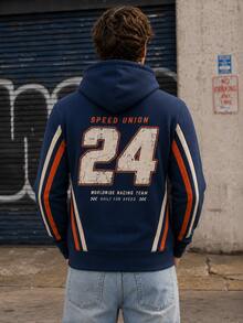 Sweatshirt Pria Vintage Racing #24 dengan Cetakan Nomor Rusak, Lengan Bergaris, Tali Serut, dan Hoodie, Gaya Kasual Olahraga Jalanan, Saku Kanguru, Lengan Panjang. - MultiWarna - View 3
