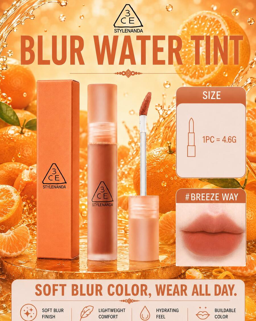 3CE水霧唇釉#BREEZE WAY 4.6g，柔焦霧面妝效，不黏膩，一抹成膜鎖色，長效持妝，日常必備