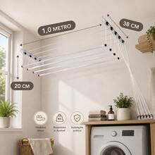 Varal de teto aço branco grande 100cm x 38cm 15kg 5 varetas resistente reforçado + kit de instalação - A - Visão 3