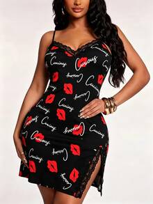 Women's Lace Trim Camisole Nightgown, Spring/Summer - Black - View 5