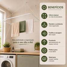 Varal de Teto Suspenso 140cm Aço Reforçado até 13kg com Kit de Instalação para Lavanderia Maxeb - A - Visão 6