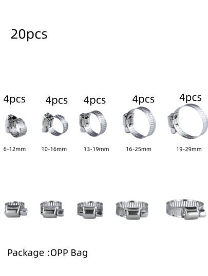 20pcs Adjustable Hose Clamps, 201 Stainless Steel, Double Ear With Fasteners, DIY Pipe Clamp Set, Rust-Proof And Durable