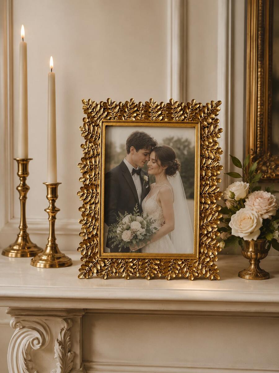 Baroque Gold Picture Frame, Single Botanical-Inspired Tabletop Photo Frame With Sculpted Leaf Accents, Luxury Decor For Wedding Portraits, Family Photos, Anniversary And Housewarming Gifts - Classic - View 1
