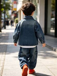 Boys' Loose Fit Denim Jacket & Denim Cargo Pants 2 Pieces Set, Autumn Back To School Outfit For Daily Wear And Outdoor Activities - Blue - View 2