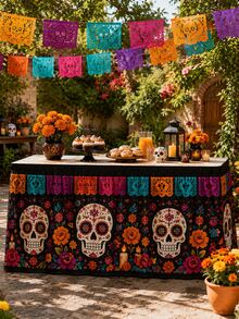 1pc Day Of The Dead Table Skirt, Black Background With Colorful Sugar Skull, Marigold And Paper Cutout Patterns, Elastic Edge Full Coverage Tablecloth Decoration, Suitable For Dessert Table, Day Of The Dead Party, Halloween Decoration, Room Decoration And Home Decor - Multicolor - View 4