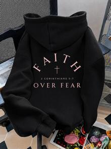 1 buah Sweatshirt Hoodie Wanita, Motif Salib Iman, Gaya Minimalis Lembut Kasual Musim Gugur - Hitam - View 2