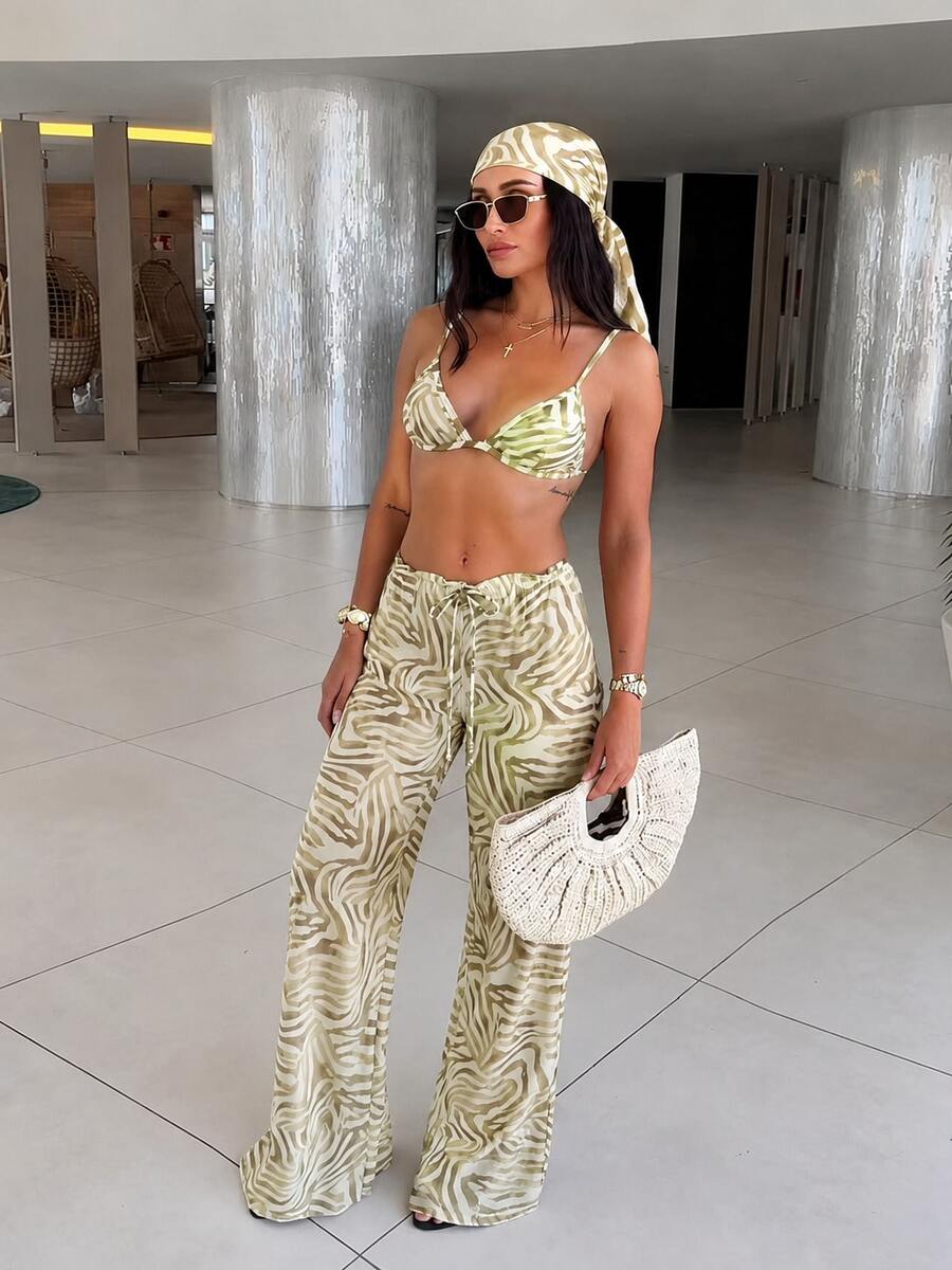 Women's New Sexy Zebra Print Bikini Set With Coverup And Flare Pants, Suitable For Dates And Parties, Spring/Summer Vacation Beach - Multicolor - View 1