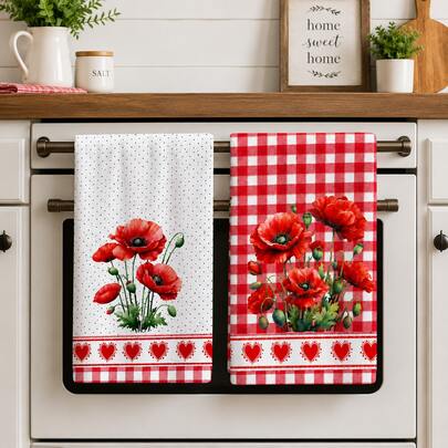 2pcs Red Poppy Kitchen Towels, Plaid And Polka Dot Floral Print With Heart Trim Hand Towels, Suitable For Kitchen, Oven Handles And Farmhouse Home Decor, Machine Washable Holiday Gift And Cleaning Supplies