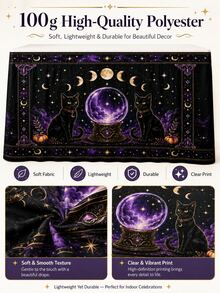 1件神秘黑貓萬聖節桌裙，紫色水晶球、月相、星星與哥德式邊框印花，彈性邊全覆蓋桌布裝飾，適用於女巫派對、甜點桌、拍照區、萬聖節裝飾、房間裝飾與家居裝飾 - 彩色 - 查看 7