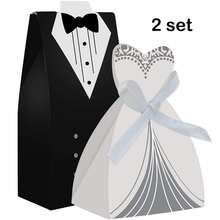 2 Set (Masing-masing 50 pcs) Gaun Pesta Pernikahan, Jas Ekor, Pengantin Wanita, dan Kotak Permen - Hitam dan Putih - View 11