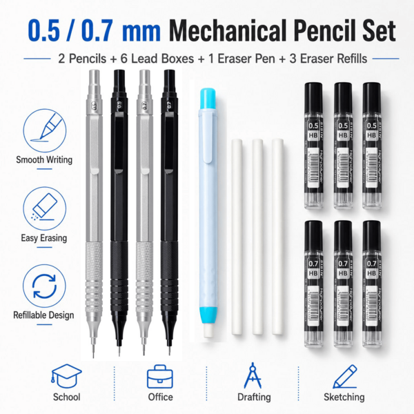 0.5mm 0.7mm Automatic Pencil Set, Metal Mechanical Pencil, Precision Drawing Pencil Set, Suitable For School, Office, Painting And Sketching