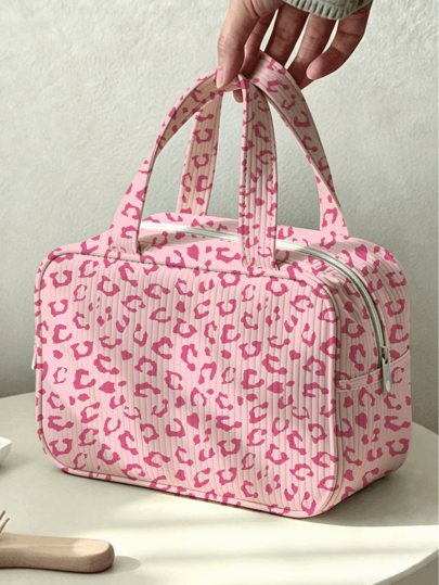 New Leopard Print Pattern (Randomly Distributed) Makeup Bag/Handbag, Portable Travel Toiletry Bag, Corduroy Material, Minimalist Casual Large Capacity Commuter Bag, Suitable For Daily Commute, Shopping And Vacation Travel Needs.