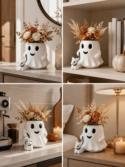 1 pieza Maceta de fantasma linda con figurita de perro mini, maceta de resina blanca para Halloween y soporte para plantas suculentas, decoración de escritorio para la temporada espeluznante, adecuada para sala de estar, dormitorio, oficina, estantería, repisa de chimenea y entrada, decoración del hogar de otoño, regalo para amantes de fantasmas y perros