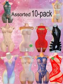 Plus Size Sexy 48 Random 10-Piece Combo Sets, Colors Random, Women's Sexy Multi-Style Sexy Mesh Dresses, Hollow-Out Designs, Open-Crotch Close-Fitting - Multicolor - View 4