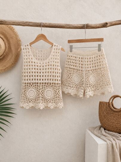 Conjunto tejido Crochet de dos piezas para playa de mujer, short y blusa de punto para vacaciones de moda