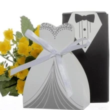 2 Set (Masing-masing 50 pcs) Gaun Pesta Pernikahan, Jas Ekor, Pengantin Wanita, dan Kotak Permen - Hitam dan Putih - View 5