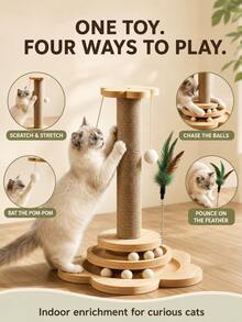 1pc 4-In-1 Natural Sisal Rope Cat Scratching Post With Sturdy Wooden Base, Modern Anti-Tip Cat Activity Center With Interactive Ball Track And Toys, Furniture Protector, Indoor Puzzle Toy For Kittens And Adult Cats - Multicolor - View 6
