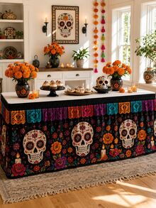 1pc Day Of The Dead Table Skirt, Black Background With Colorful Sugar Skull, Marigold And Paper Cutout Patterns, Elastic Edge Full Coverage Tablecloth Decoration, Suitable For Dessert Table, Day Of The Dead Party, Halloween Decoration, Room Decoration And Home Decor - Multicolor - View 3