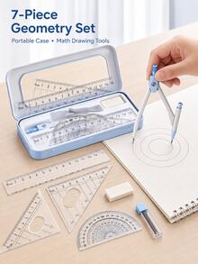 1PC/8pcs Geometric Compass & Ruler Set, Includes Straight Ruler, Triangle Ruler, Protractor, Eraser And Replacement Pencil Leads, Complete Math Drawing Tool Kit With Portable Metal Storage Box, Practical School & Office Supplies For Students, Learning Tools For Girls And Boys, Back To School Essentials - Multicolor - View 1