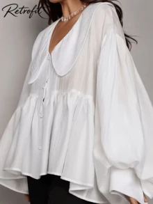 Plus Size Women Loose V-Neck Elegant Peter Pan Collar Long Sleeve Ruffle Hem Solid Color Blouse White Spring - White - View 2