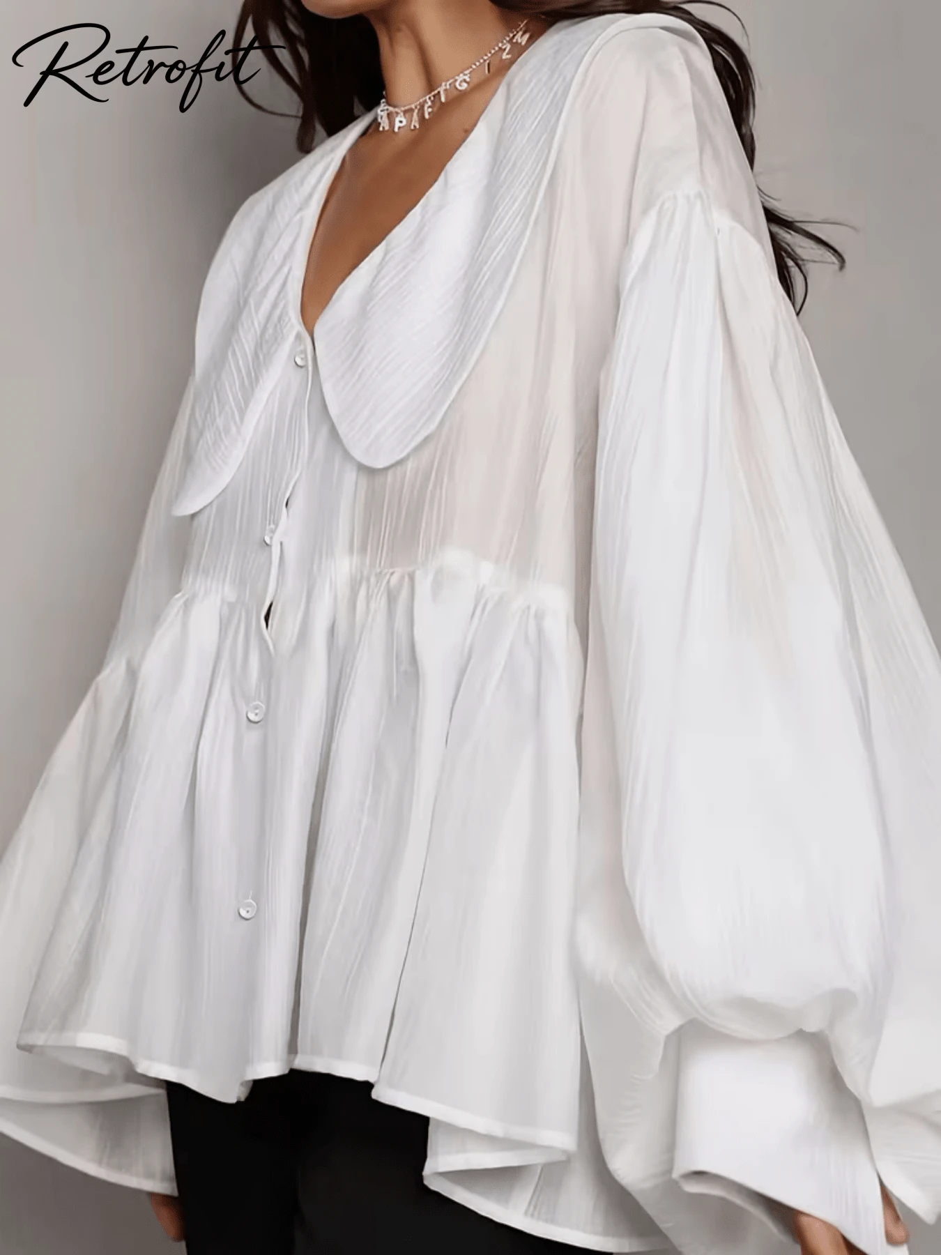 Plus Size Women Loose V-Neck Elegant Peter Pan Collar Long Sleeve Ruffle Hem Solid Color Blouse White Spring - White - View 1