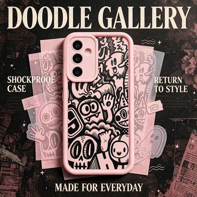 1pc Black Full Screen Cute Monster Cartoon Minimalist Funny Halloween Pink Boys Girls Ins Soft Style European American Beautiful Pretty Vintage, Matte Pink Lens Frame Stepped Design Full Coverage Anti-Drop Soft Shell, Compatible With Samsung/Galaxy/Honor/Transsion/MOTO/Phone Case Protective Cover
