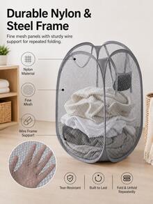 1pc Large Capacity Foldable Mesh Laundry Basket, Solid Color Polyester Mesh Large Laundry Basket, Solid Color Laundry Basket, For Clothing Storage, Miscellaneous Storage, Home Use Dresses, Pants, Shoes, Jeans, Boots, Skirts - Grey - View 3