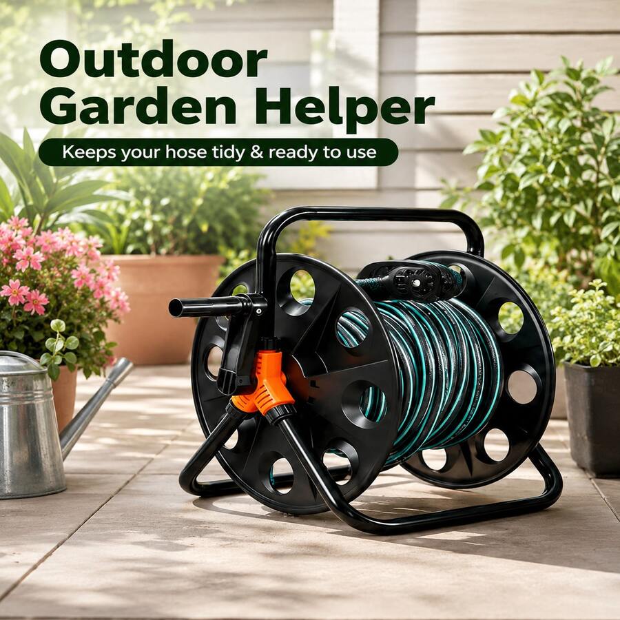 Heavy-Duty Garden Hose Reel With Foldable Handle , Featuring A Wrap-Around Design For Tool-Free, Effortless Storage. Ideal For Lawns, Garages, Car Washing, And Gardening Hose Organization ,Compact Storage Solution. - Black - View 1