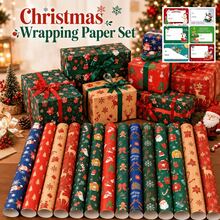 35/70pcs Random Color Cartoon Christmas Wrapping Paper(Includes Stickers), Thick Durable Paper, Christmas Tree And Reindeer Printed, For Gift Wrapping And Wall Decoration, Xmas Holiday Gift Packaging Additions - Multicolor - View 1