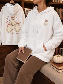 Women's Cute Ghost Pattern Hoodie,With Cute Bow,Suitable For Halloween,Autumn Outing,Party And Everyday Wear. - 白色 - 查看 2