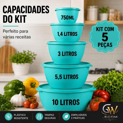 Kit Bowl 5 Peças com Tampa Bacia Plástica até 10 Litros Saladeira Grande Tigelas Multiuso para Cozinha Potes para Armazenar Alimentos Preparar Receitas Servir Saladas Frutas Massas Organizador de Cozinha Resistente Prático Empilhável Diversas Cores e tamanhos Excelente Qualidade Uso Diário Casa