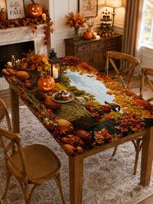 1pc Autumn Harvest Pastoral Halloween Decor Elastic Tablecloth, Rectangular Fitted Dining Table Cover, Suitable For Family Gatherings, Autumn Parties, Kitchen Dining Room And Thanksgiving Decoration - Multicolor - View 2