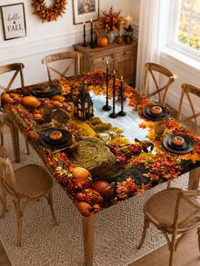 1pc Autumn Harvest Pastoral Halloween Decor Elastic Tablecloth, Rectangular Fitted Dining Table Cover, Suitable For Family Gatherings, Autumn Parties, Kitchen Dining Room And Thanksgiving Decoration - Multicolor - View 9