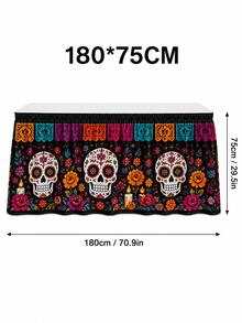 1pc Day Of The Dead Table Skirt, Black Background With Colorful Sugar Skull, Marigold And Paper Cutout Patterns, Elastic Edge Full Coverage Tablecloth Decoration, Suitable For Dessert Table, Day Of The Dead Party, Halloween Decoration, Room Decoration And Home Decor - Multicolor - View 9
