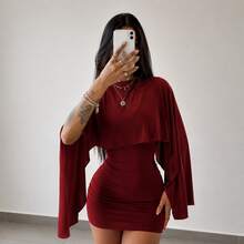 Vestido Curto Feminino em Suplex - Manga Capa Modelador Elegante Festa - Marsala - Visão 2