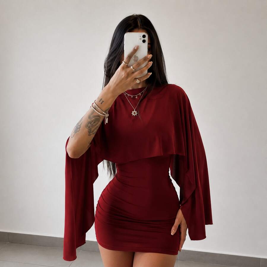 Vestido Curto Feminino em Suplex - Manga Capa Modelador Elegante Festa