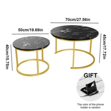 Round Coffee Table Nesting Table Set Of 2, Side Table With 1X Mobile Phone Holder For Living Room, Multi-Functional Side Table, Metal Frame With Wood Sofa Table, Stacking Side Table For Bedroom, Balcony - Black - View 4