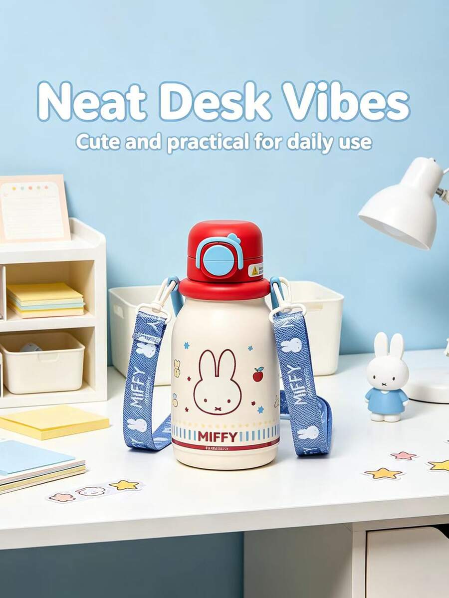 1pc 640ml Large Capacity Cross-Body Rope Officially Licensed Miffy Rabbit Water Cup, A Portable Leak-Proof Travel Cup, A Cute Cartoon Insulated Drinking Cup, Suitable For Students And Girls For Outdoor Daily Use - White - View 1