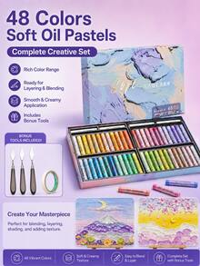 48 Colors Soft Oil Pastels Set, Macaron Crayons With Paper & Scraper, DIY Art Supplies For Kids, Drawing & Coloring, First Day Of School - Multicolor - View 3
