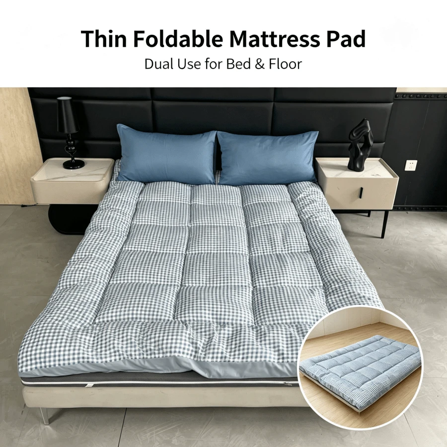 Plaid Thin Mattress Pad, Soft Breathable Floor Sleeping Mat, Multiple Sizes Available, All-Season Use, Suitable For All Bed Types