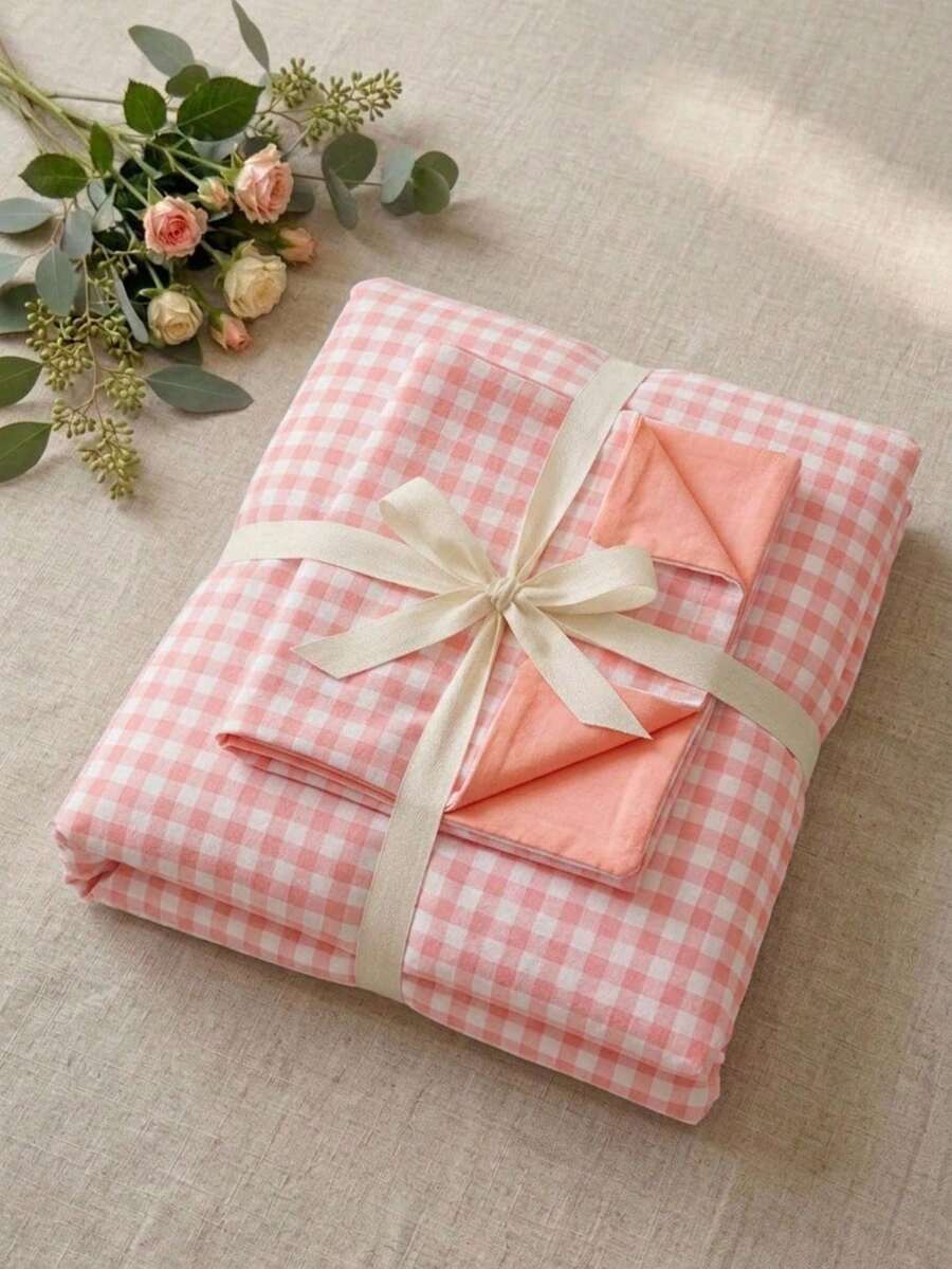 3pcs 100% Polyester Back To School Student Dorm Vintage Plaid Print Down Comforter Set 2 Pillowcases + 1 Duvet Cover Set Combination (No Bed Sheet)