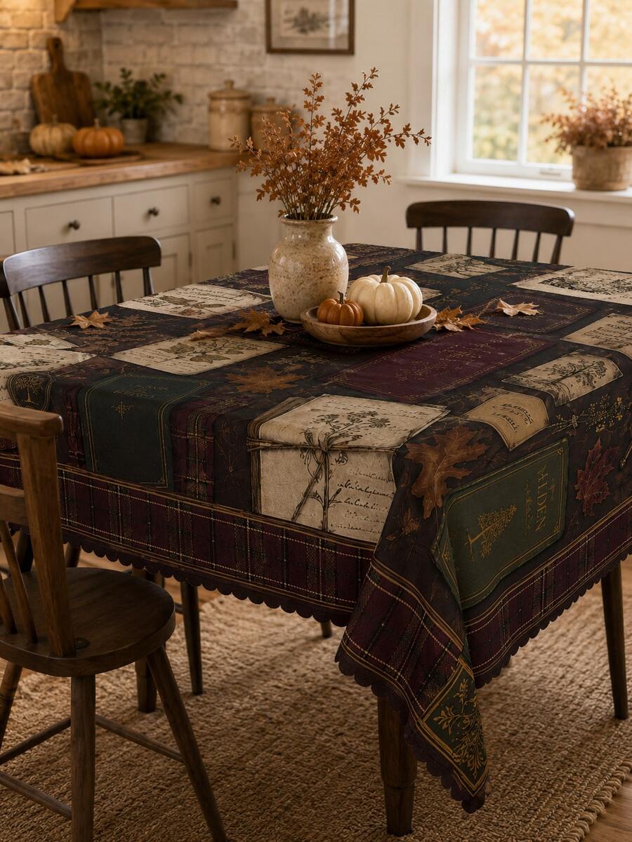 Nappe de table vintage automne citrouille & feuilles tombées, décoration de table à manger style rustique Halloween, nappe de table ronde imprimé livre vintage & botanique, fournitures d'arrangement de table de cuisine et de salle à manger automne Thanksgiving, décoration de bureau style ferme, nappe de table vintage européenne & américaine pour fête de vacances à la maison, housse de table à manger - Multicolore - Voir 1