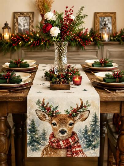 Camino de mesa con estampado de ciervo navideño en acuarela, cojín, mantel individual, camino de mesa con estampado de ciervo con astas, bayas rojas y abeto nevado, decoración de mesa navideña y de Año Nuevo estilo nórdico, mantel de mesa para fiesta navideña