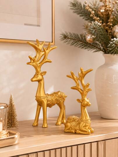 Two Pieces White Deer Home Decor Set, One Standing And One Reclining, Featuring A Modern Minimalist Design, Suitable For Living Rooms, Entryways, Studies, Fireplaces, And Christmas Table Decorations.